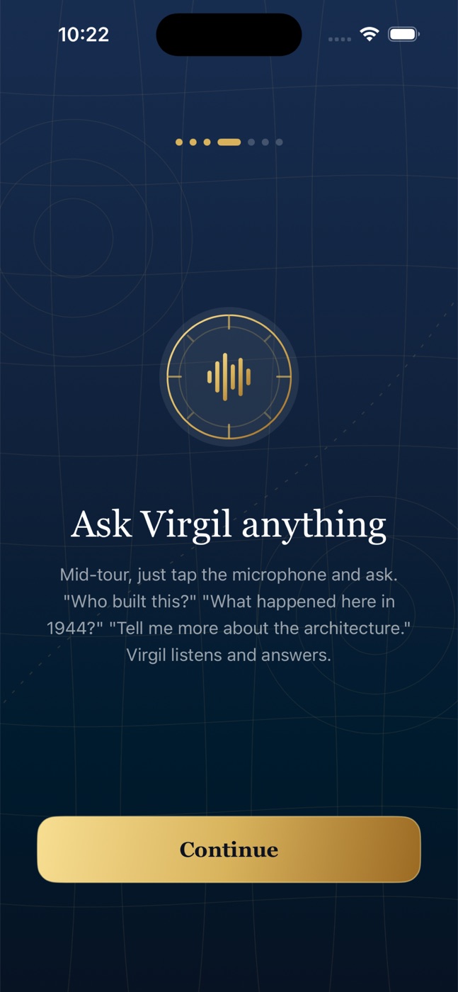 AnyTour screen introducing Virgil, the audio guide
